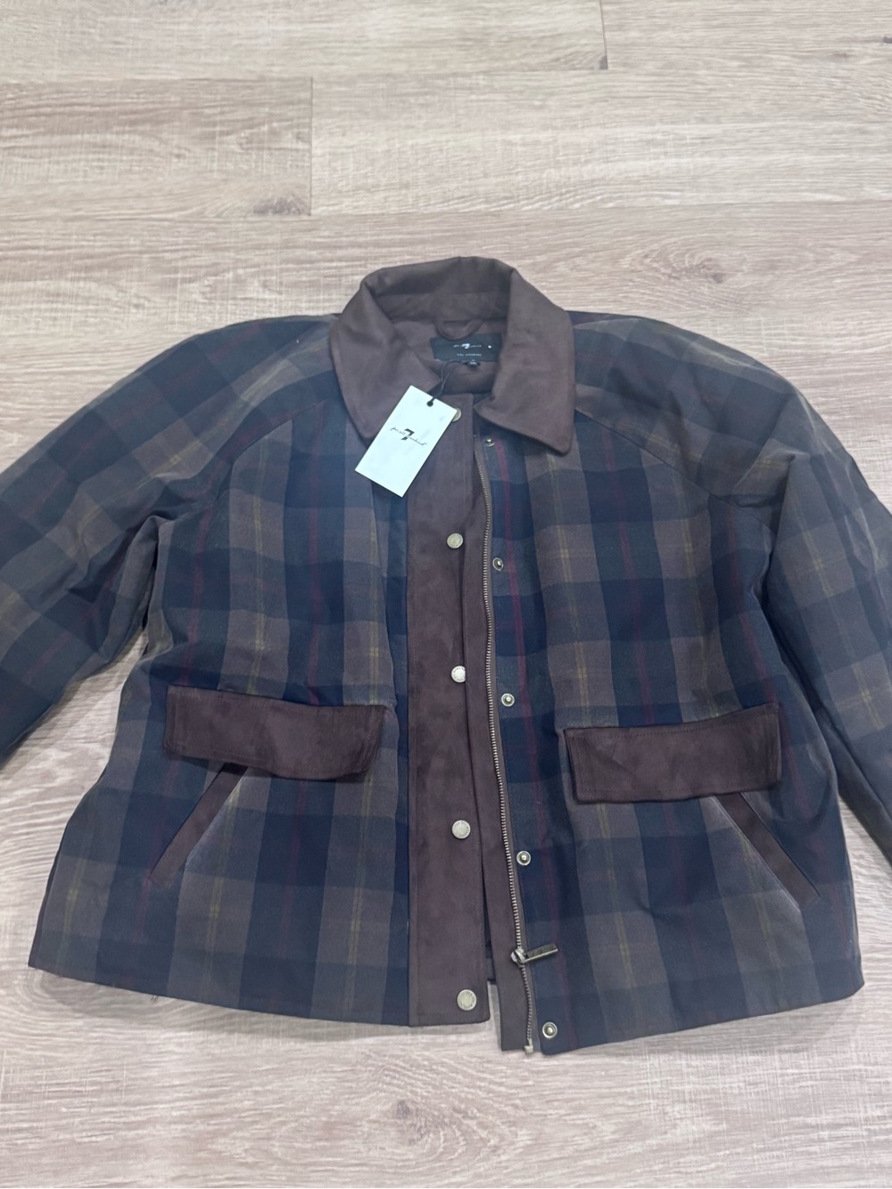 7 For All Mankind Navy and Brown Plaid Utility Jacket with Suede Trim - Picture 2 of 11